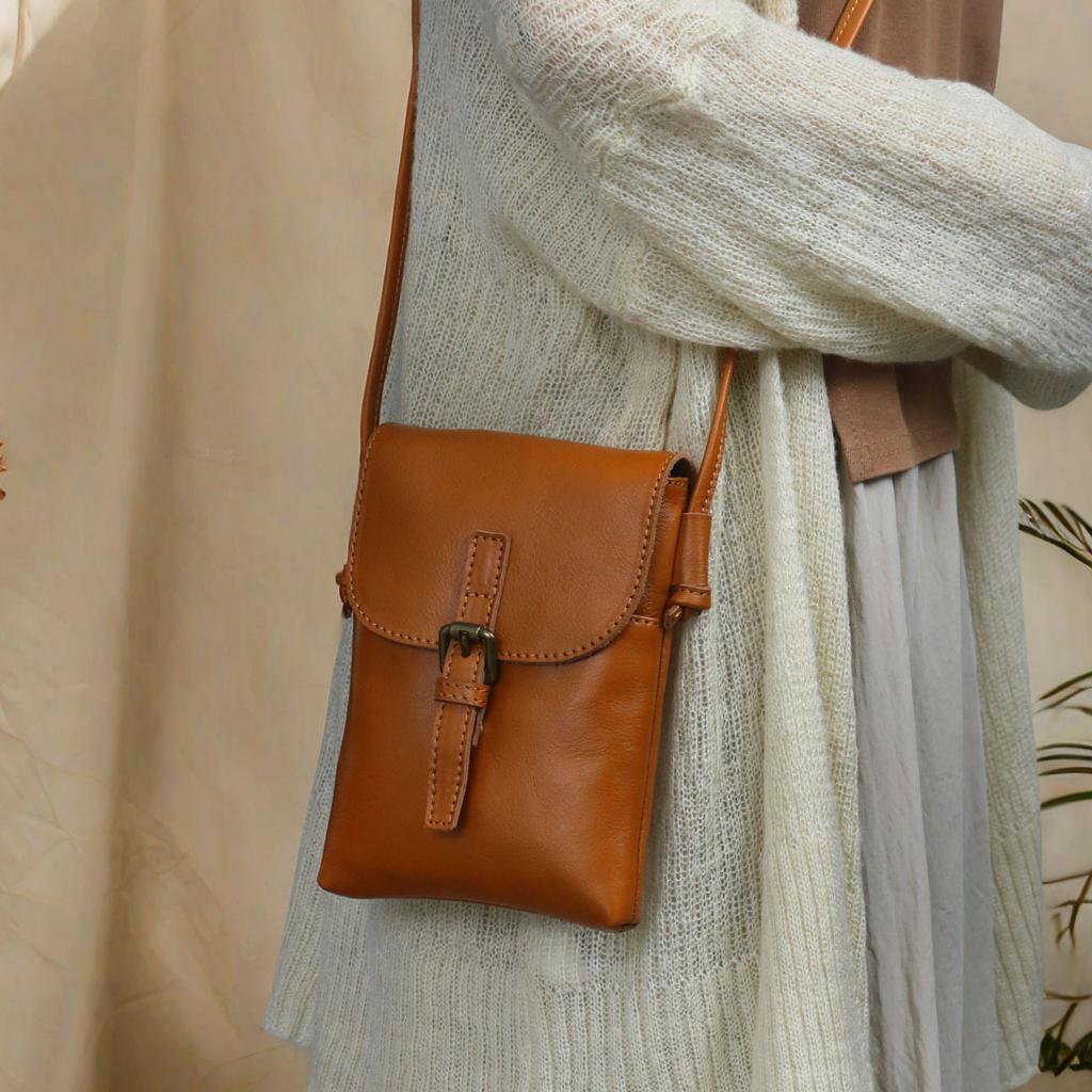 Johnature Mobiltelefonveske Ekte Skinn Dame Mini Skulderveske Crossbody-veske Retro Allsidig Liten Veske