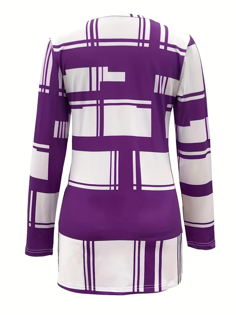 2025 Plus Size Women's Color Block Long Sleeve Zipper Shirt with Digital Print