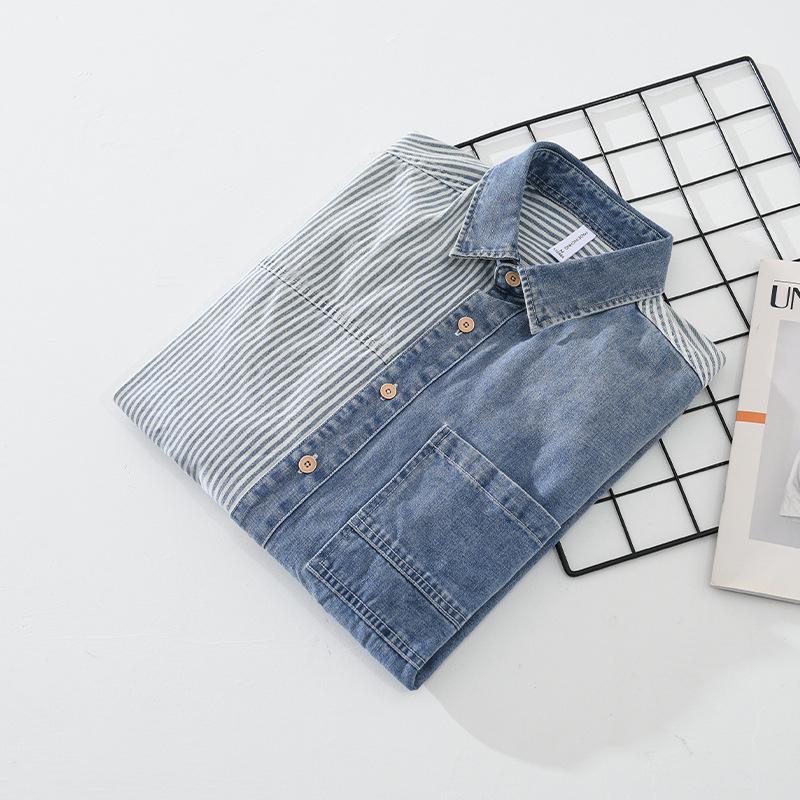 Men'S Denim Color-Block Vertical Stripe Shirt Casual Loose Fit Fashionable Long Sleeve For Spring And Autumn