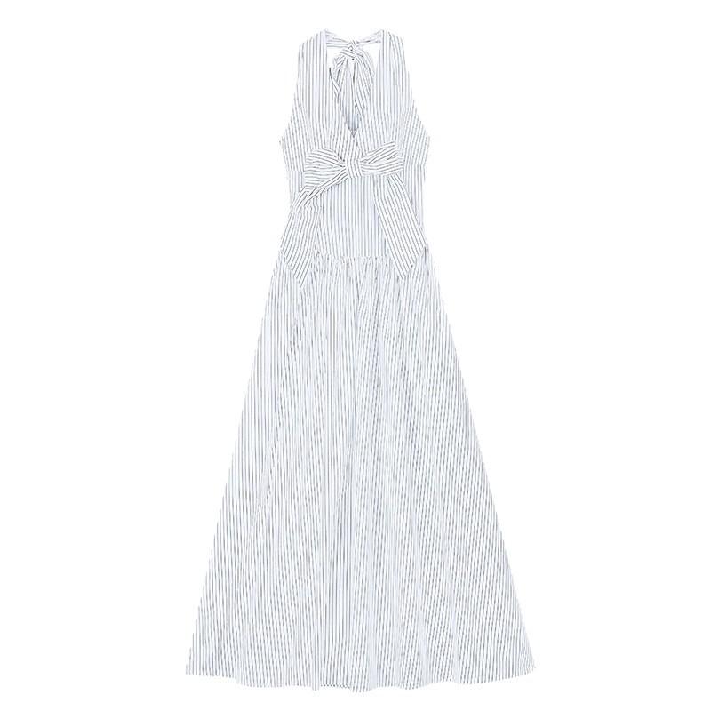 Gentle Wind Striped Bow Neck V-neck Dress Women's Summer Seaside Vacation A-shaped Dress French Temperament Long Dress