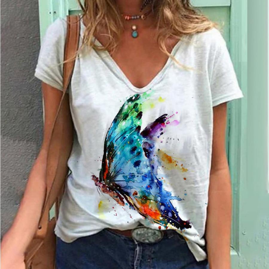 

XL-7XL плюс размер, повседневный топ с бабочкой и v-образным вырезом, с коротким рукавом, модная женская футболка большого размера с цветочным принтом, летние свободные топы с 3D принтом 7XL