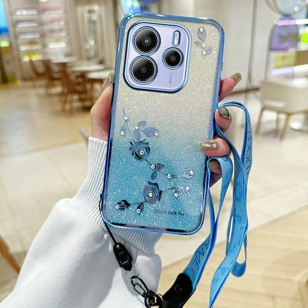 For Xiaomi Redmi Note 14 4G (163.25mm) Case Flower Pattern TPU Gradient Phone Cover with Lanyards