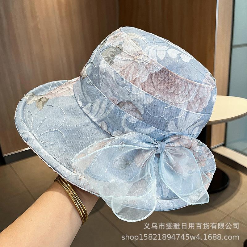 Eugen Yarn Bow Mesh Hat Women's Summer Outdoor Sunshade Sunscreen Hat Casual Breathable Curled Edge Mother Hat