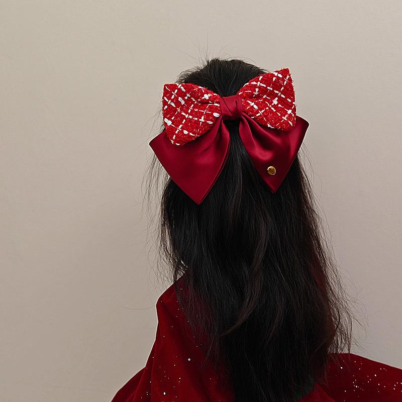 Red Plaid Bow Ribbon Hairpin Ladies Sweet Temperament Hair Clip New Year Party Princess Headdress Fashion Hair Accessories Gifts