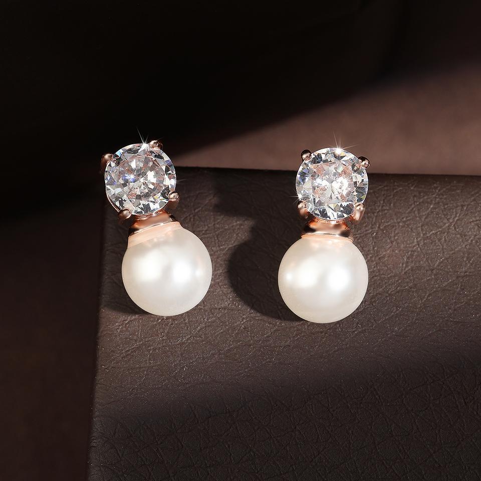 ZAKOL Elegant Round Cubic Zirconia Imitation Pearl Necklace Earrings For Women Bridal Wedding Party Jewelry Gift