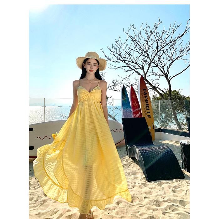 

Internet celebrity design heavy industry seaside vacation dress yellow plaid irregular backless beach dress XL жовтий