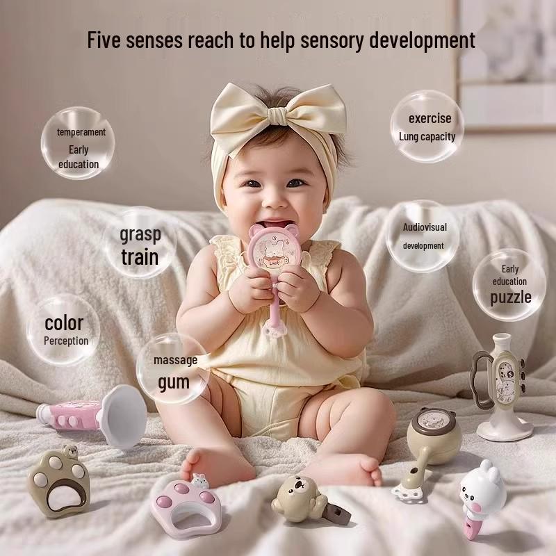 Newborn Baby Four-in-One Musical Rattle Set - Enhances Visual & Auditory Development, Includes Hand Pat Drum
