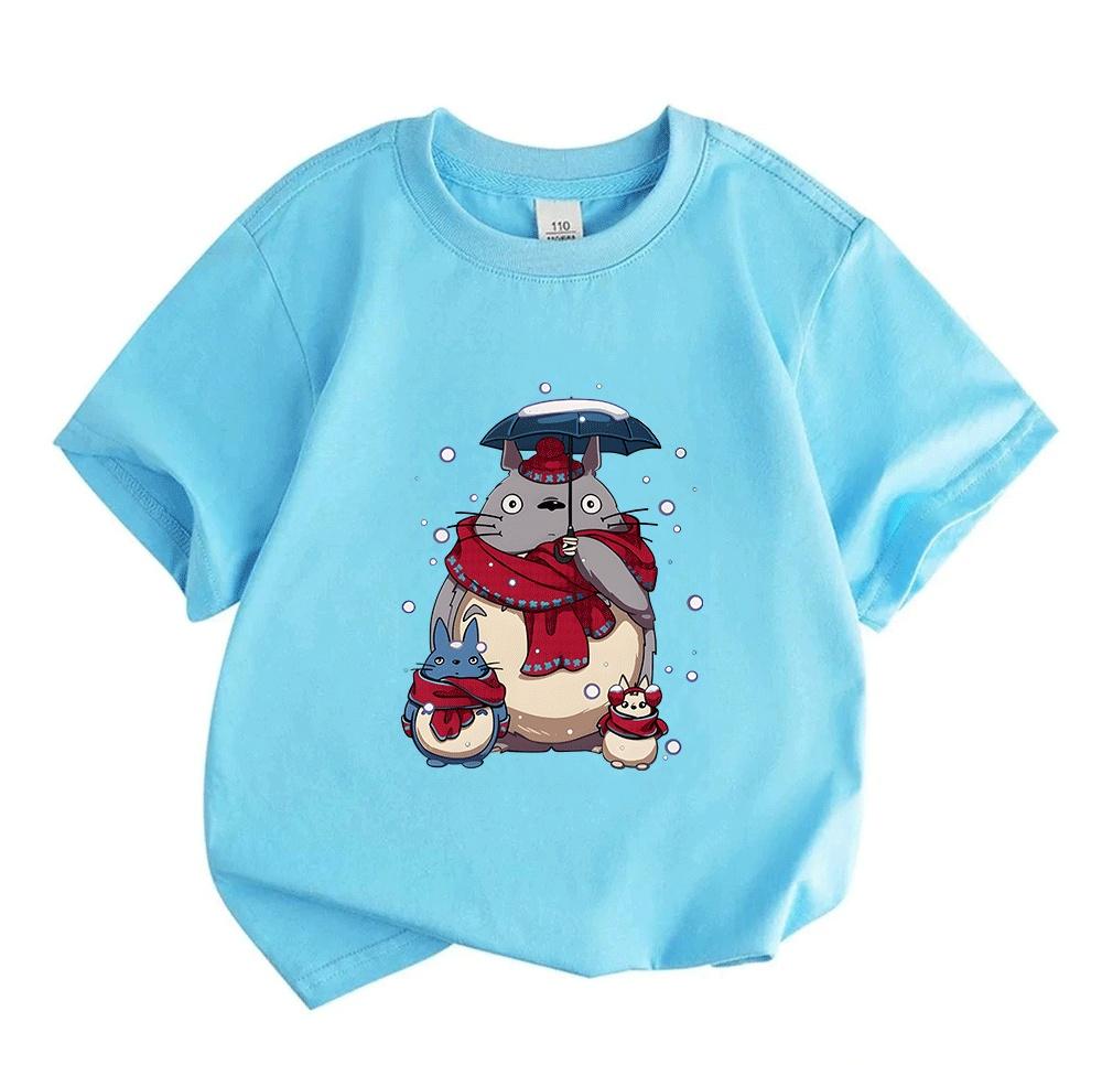Kids Boys Girls 100% Cotton O-neck Short Sleeve T-shirt, Cute Winter Snow Totoro Family Print Casual Soft Pullover Tee for Daily Wear Holiday Gift
