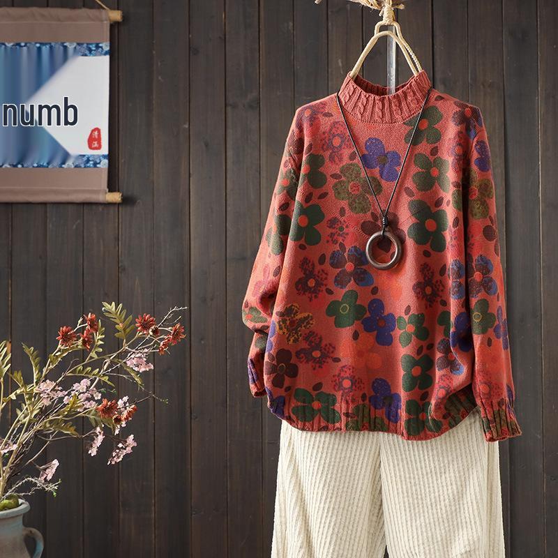 2025 Autumn/Winter Women's Retro Print Half-High Collar Knit Pullover