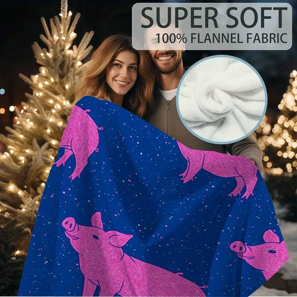 1pc 60x80 Inch Single-Sided Printed Blanket - Pink Cartoon Pigs & Starry Blue Background, Soft Thread Count Fabric