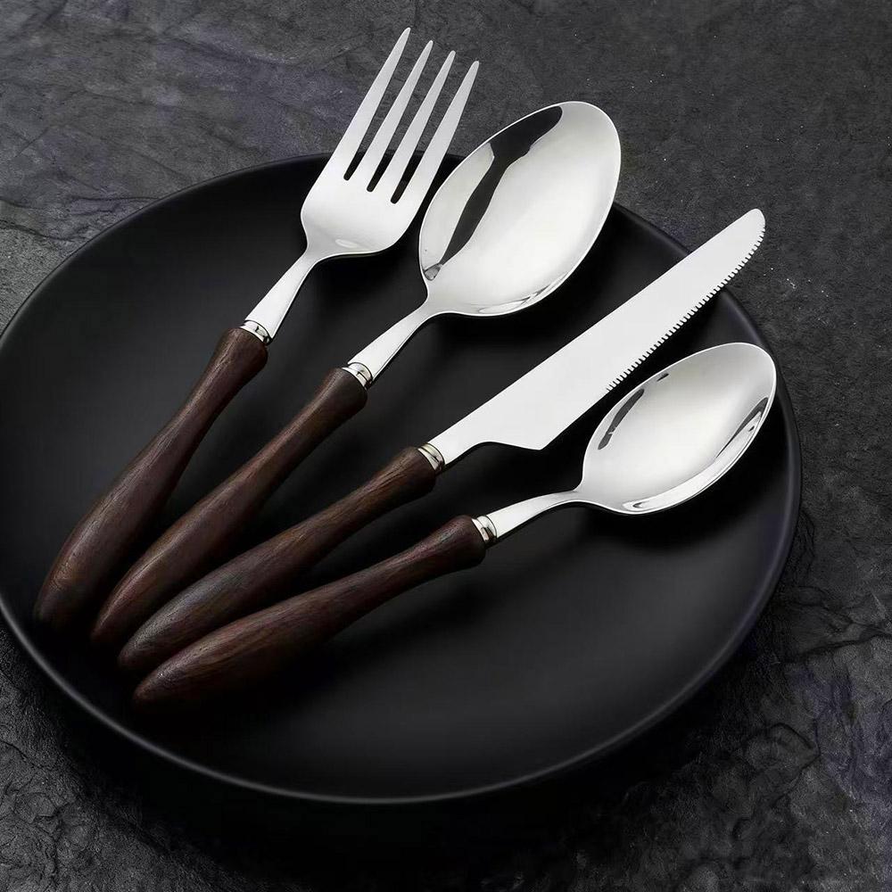 24 STÜCK Holzgriff 304 Edelstahl Besteck Silberbesteck Set, Rustikales Geschirr Besteckset Service für 6, Messer Gabeln Löffel Set