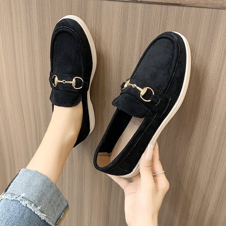

Loafers women s 2025 spring and autumn new British style lazy one-pedal single shoes metal buckle flat beanie shoes 36 чёрный