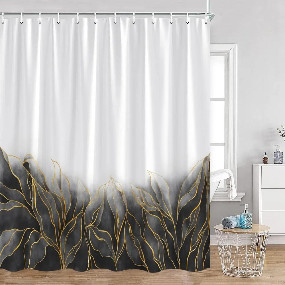 Simple Style Flower and Leaf Shower Curtain Golden Line Abstract Bathroom Decoration Modern Polyester Fabric Shower Curtain