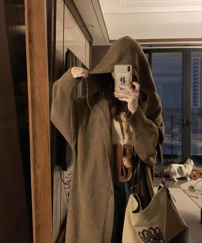 Women's Hooded Knit Cardigan - Maillard Style, Long, Cozy, 2025 Autumn/Winter Collection, Student Lazy Fit