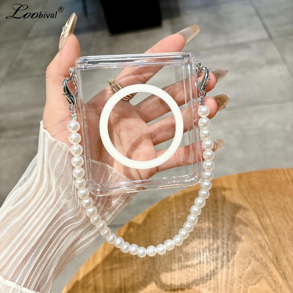 Transparent Pearl Bracelet Case for Samsung Galaxy Z Flip 7 6 5 4 3 Magnetic Hand Wrist Chain Clear Hard PC Cover