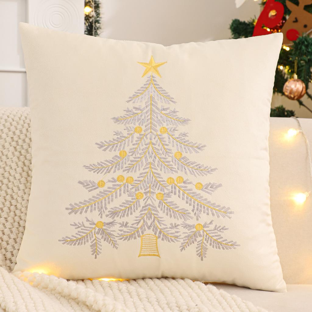 Embroidery Throw Pillow Cover Christmas Decoration Velvet Soft Christmas Tree Gold Winter Farmhouse Home Sofa Living Room