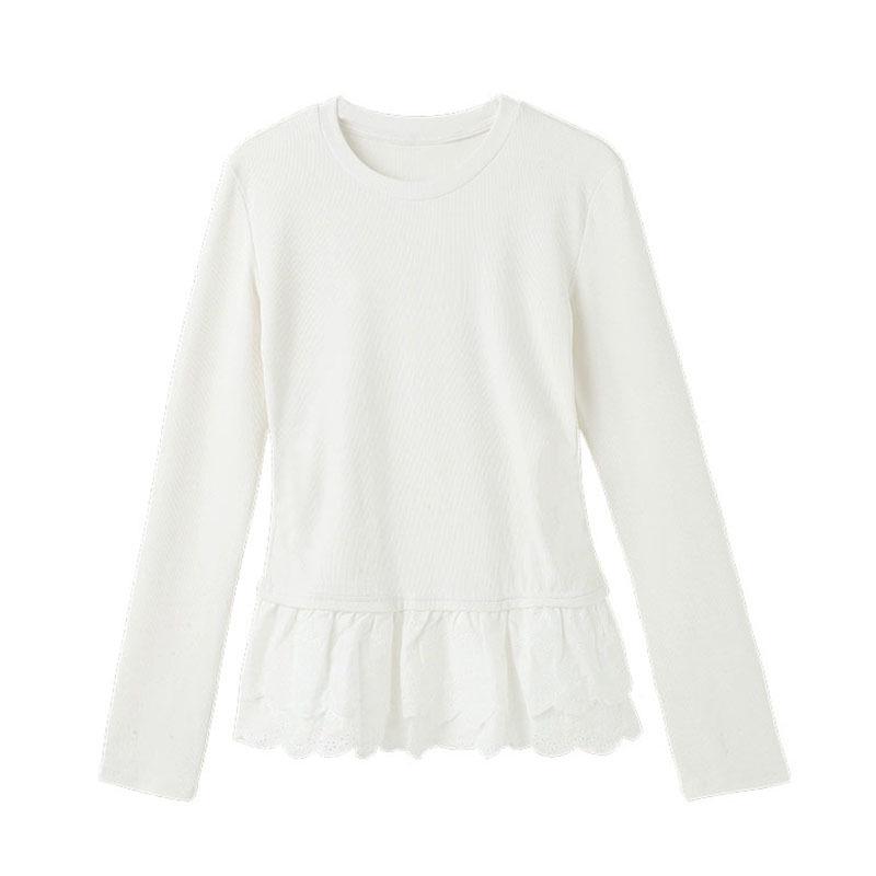 

Women s White Lace Trim Long Sleeve Layering Shirt - Korean Style Autumn/Winter Fashion M белый