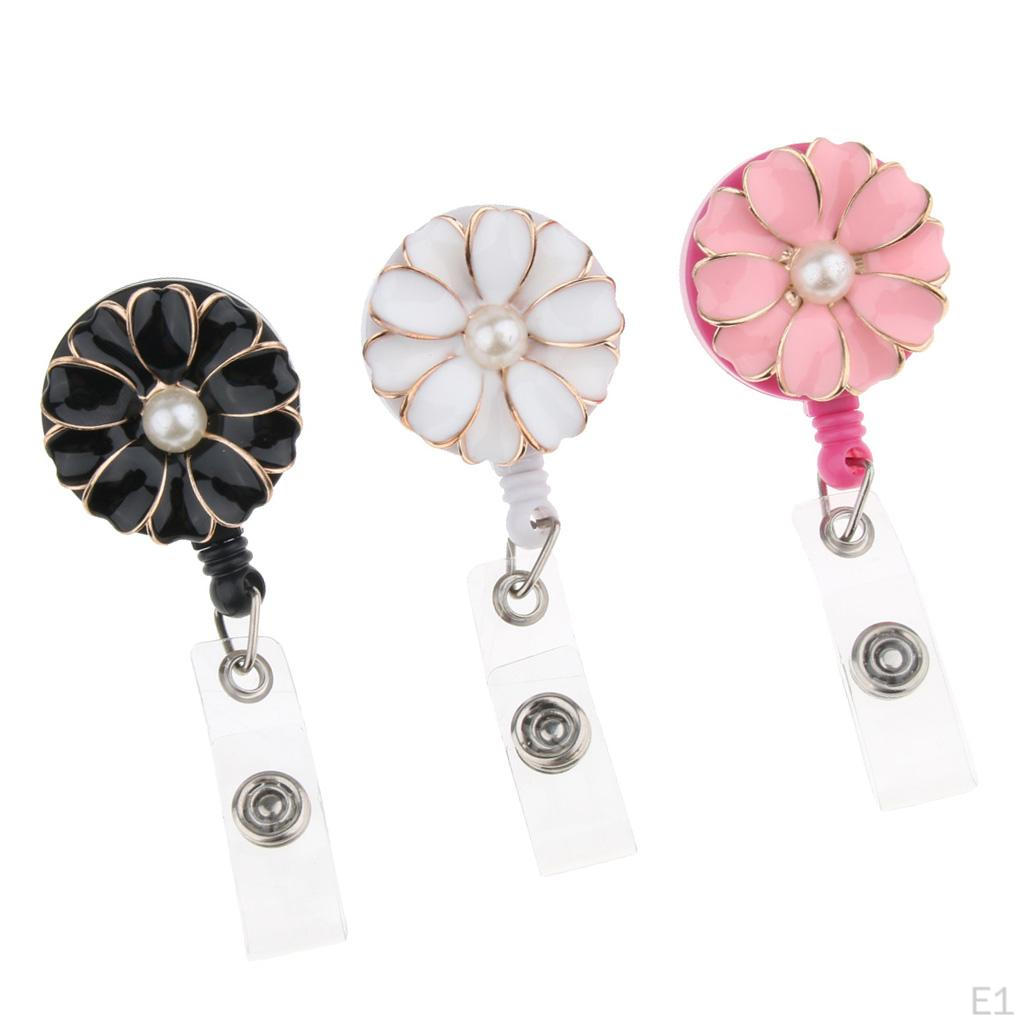 3 of pack Cute Teacher Retractable Flower Applique Reel ID Badge Holder