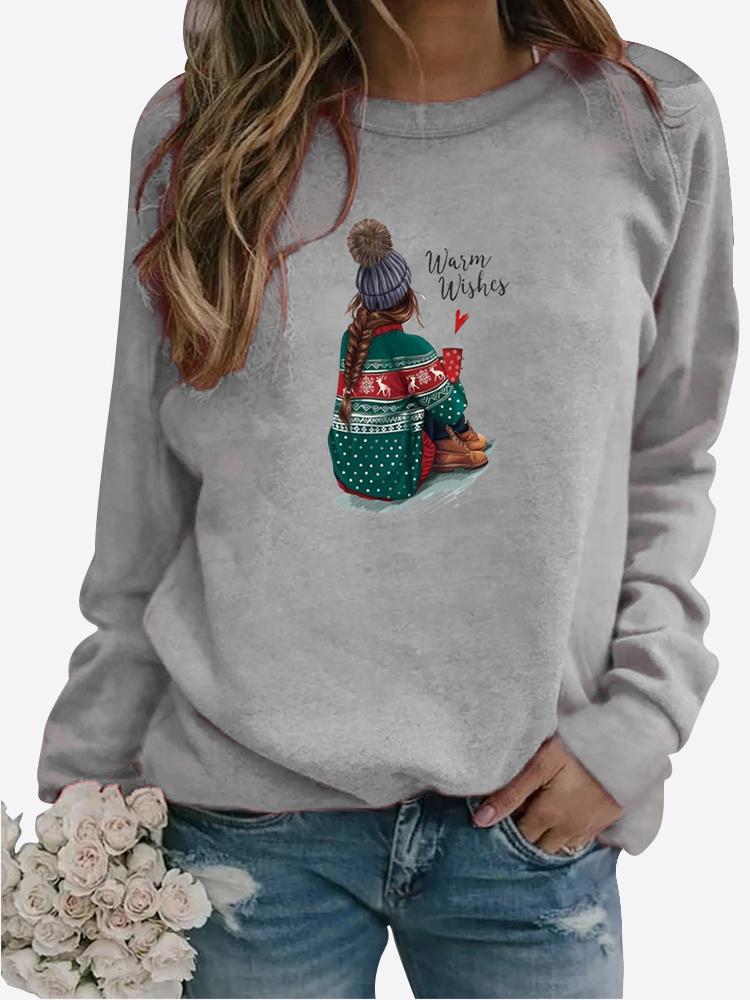 Women Autumn and Winter Clothing Christmas Deer Printed Casual Sweatshirt Long Sleeve Tops T-shirt Ladies Round Neck Pullover Blouse