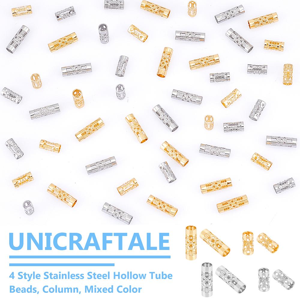 120Pcs 4 Style Stainless Steel Hollow Tube Beads, Column, Mixed Color, 8~12x4mm, Hole: 3mm, 30pcs/style