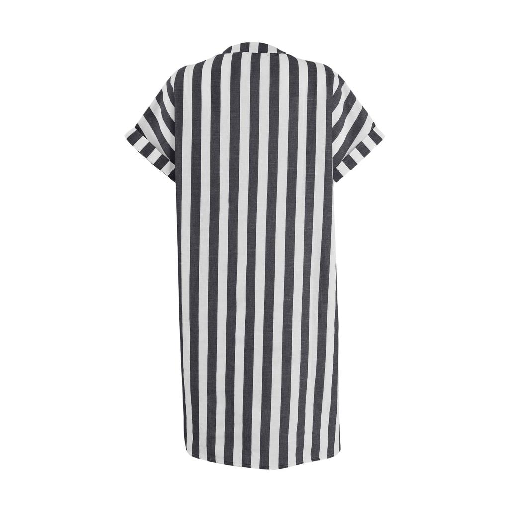 Women's Casual Cotton And Linen Striped Printed Short Sleeved Shirt Dress
