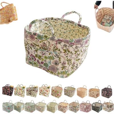 Boho Fabric Storage Basket, Boho Quilted Fabric Storage Basket, Floral Quilted Baskets for Storages Large with Handles, for Clothes and Sundries