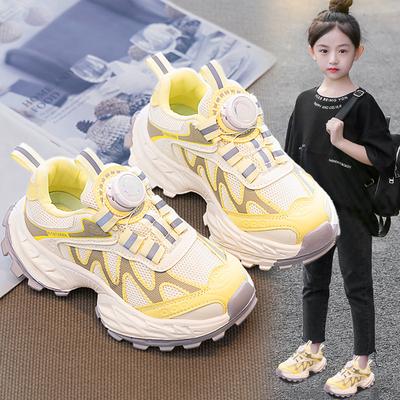 Girls Shoes 2025 New Autumn Children's Sports Net Shoes Running Breathable Older Children's Girls Dad Shoes Rotating Buckle