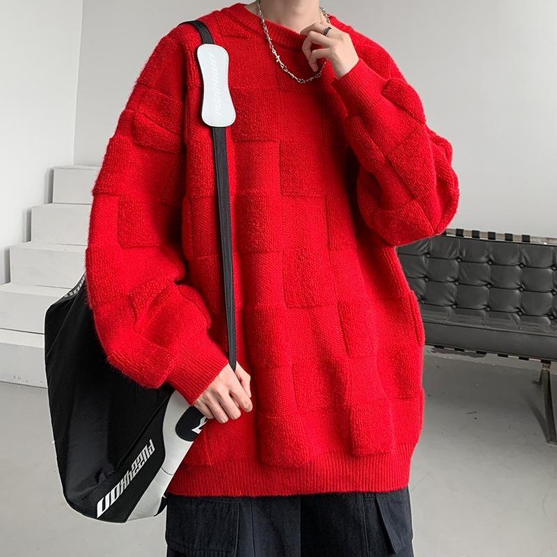 Herbst und Winter Übergröße Karopullover Hongkong-Stil Neutral Lässig Locker Geschnitten Strickpullover Jacke