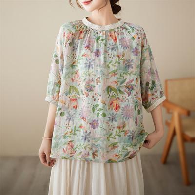 Summer Breathable Top for Women Vintage Floral Printed Cotton Linen Blouse Casual Round Neck Three Quarter Sleeve Shirt