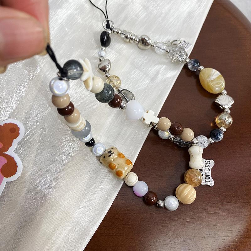 Bear Puppy Beading Mobile Phone Lanyard Wristband Chain Anti-Lost Phone Strap Beads Bag Charm Keychain For Xiaomi For Iphone