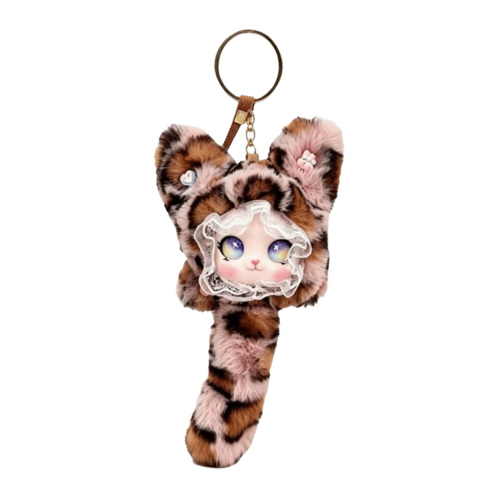 Leopard Print Furry Cat Pendant Long Tail Bag Charms Cartoon Cat Plush Toy Bag