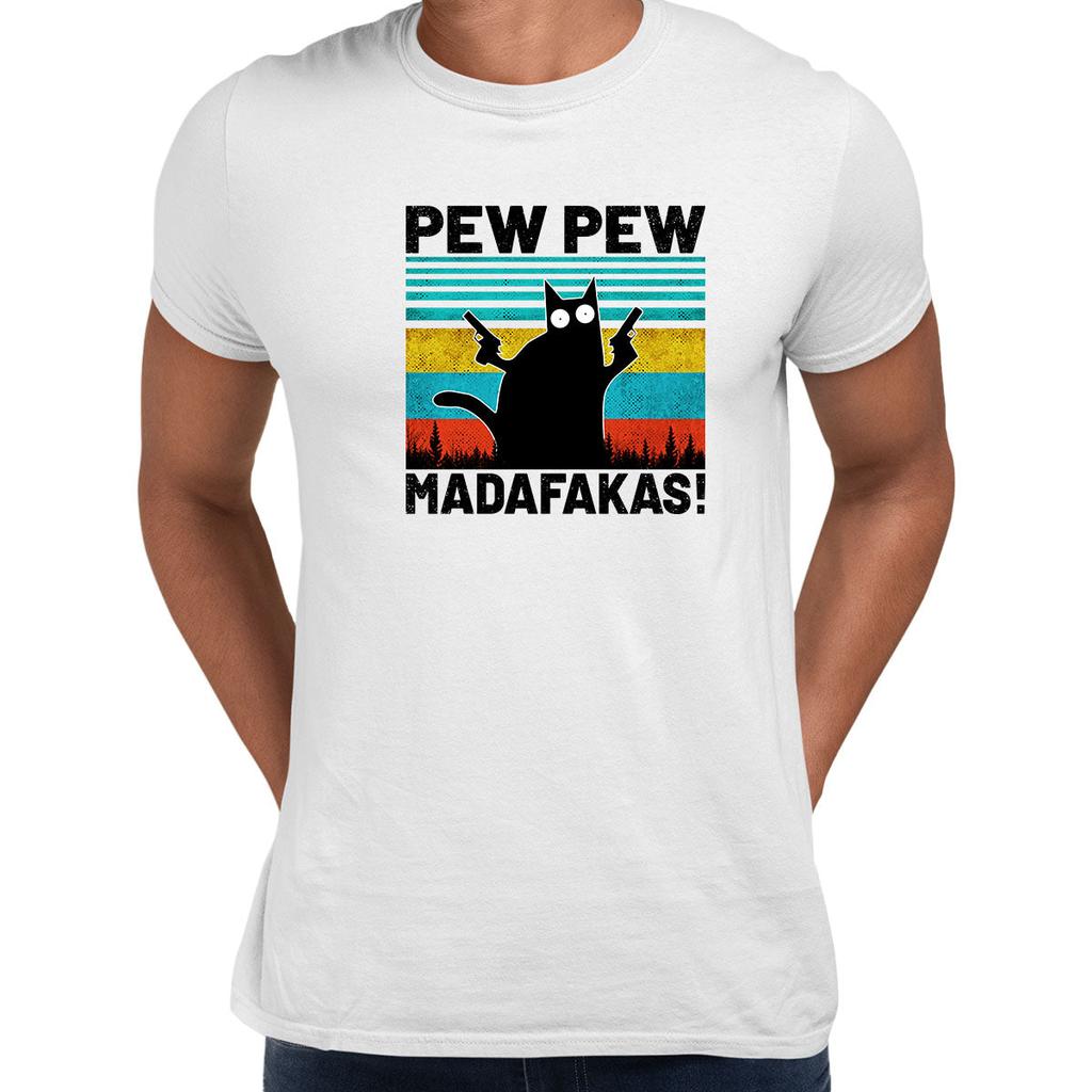 PEW PEW MAD Vintage Funny T-Shirt Cat Retro Kitten Xmas Gift Unisex Tops