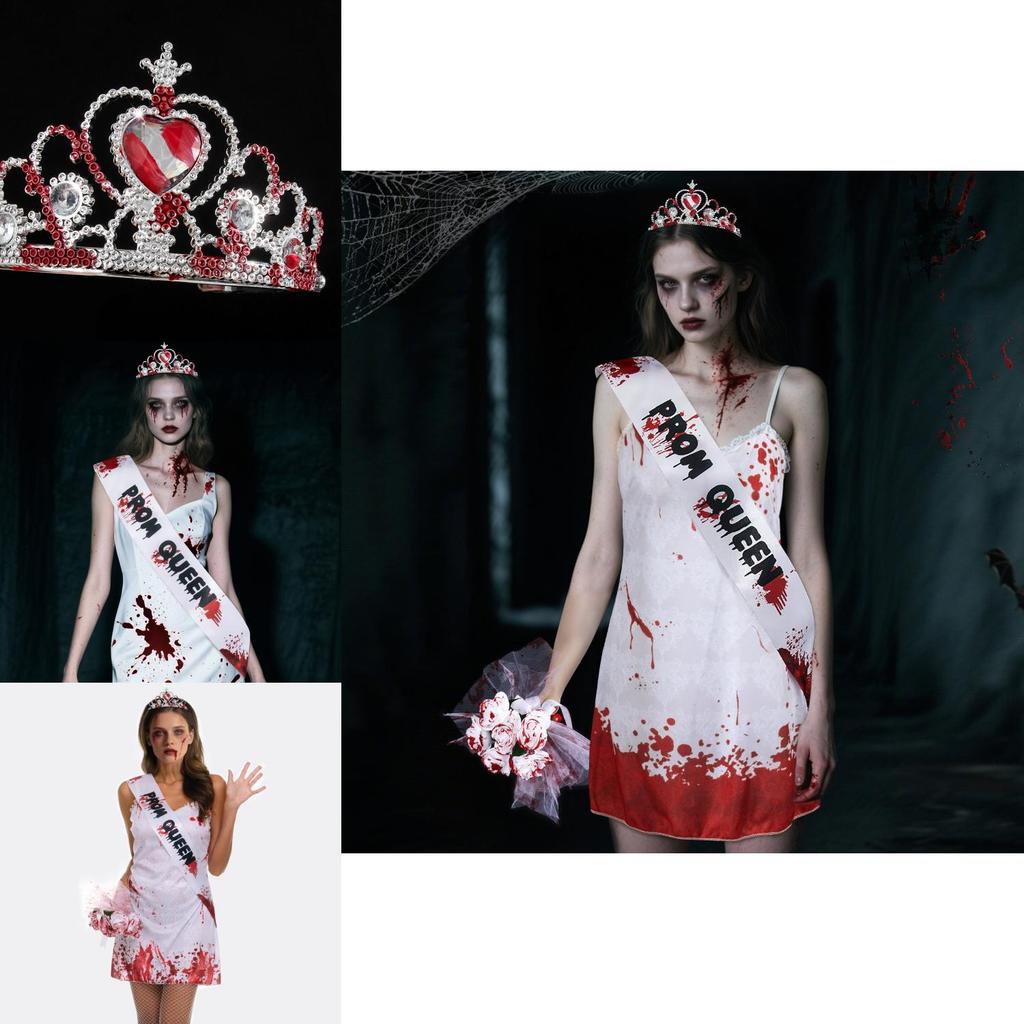 Halloween Ghost Bride Costume With Shoulder Straps And Handheld Bouquet For Cosplay And Party Events