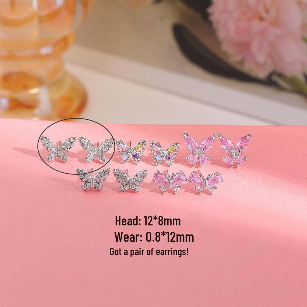 Copper-Plated Gold & 925 Silver Butterfly Earrings with Pink Diamond & Rainbow Zirconia for Women
