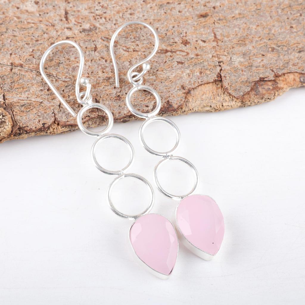Rose Chalcedony Gemstone Jewelry, 925 Sterling Silver Earrings Jewelry, Handmade Gorgeous Earrings Gift For Women