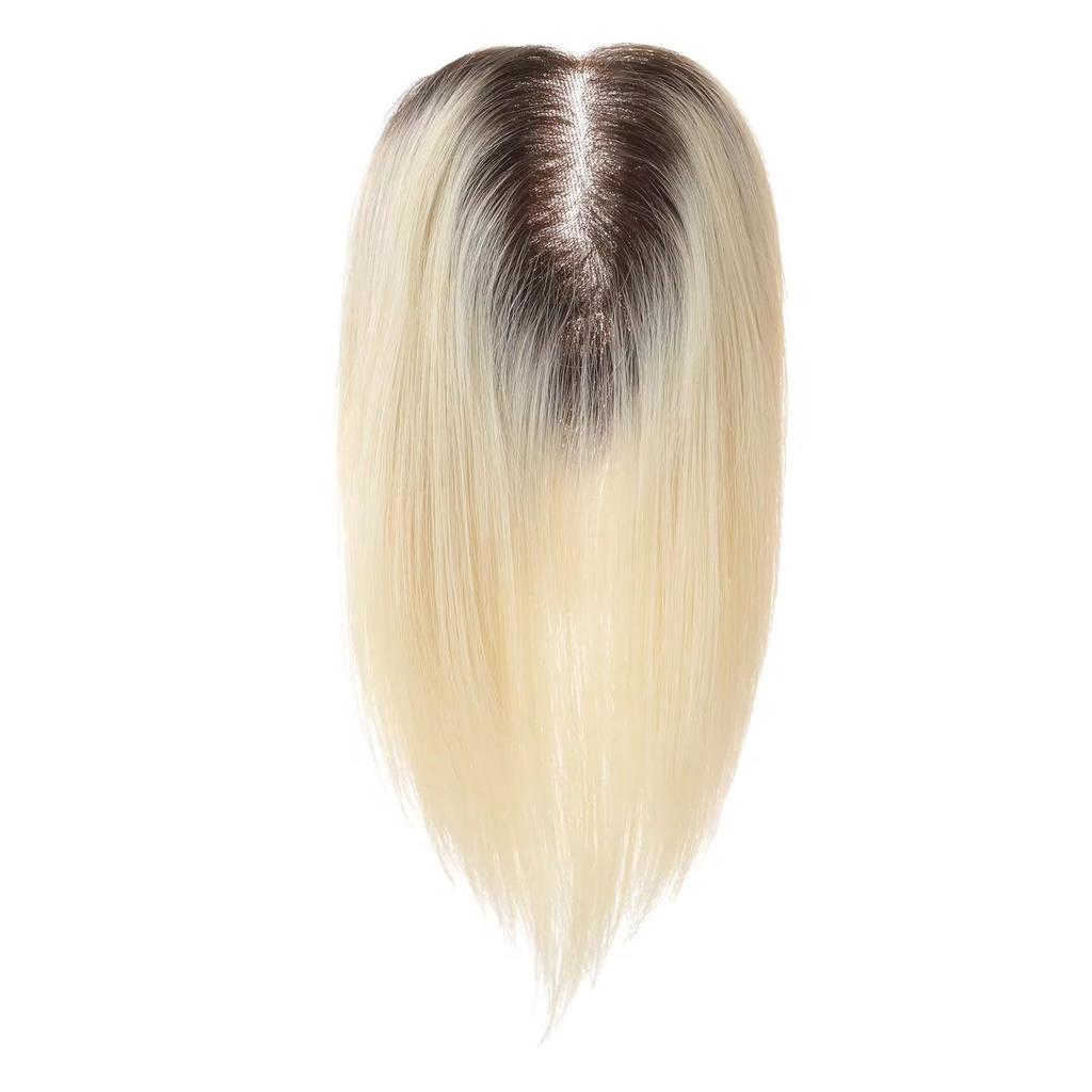 HAIRCUBE Light Blonde 14 Inch Human Hair Toppers with Dark Roots for Women 4 Clips Pieces with Thinning Hair In Mono Lace Base Toppers