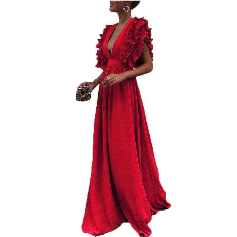 2026 European Women s Flutter Sleeve V-Neck Backless Long Dress S