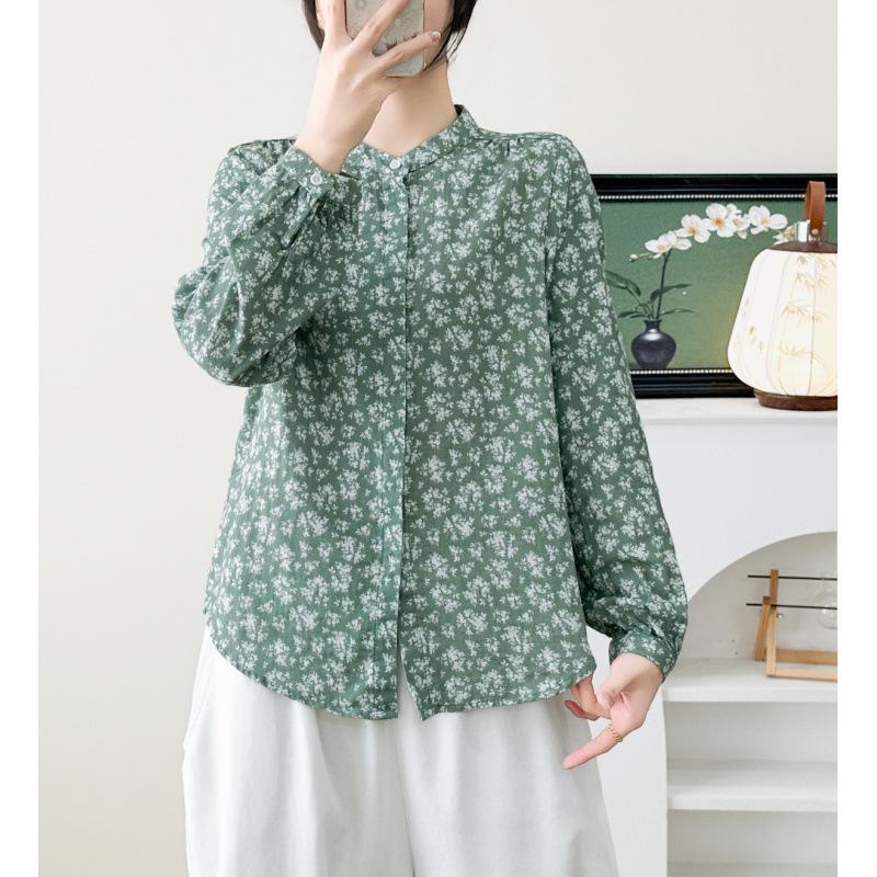 Spring 2026 Women's Printed Cotton Gauze Long Sleeve Stand Collar Cardigan Shirt