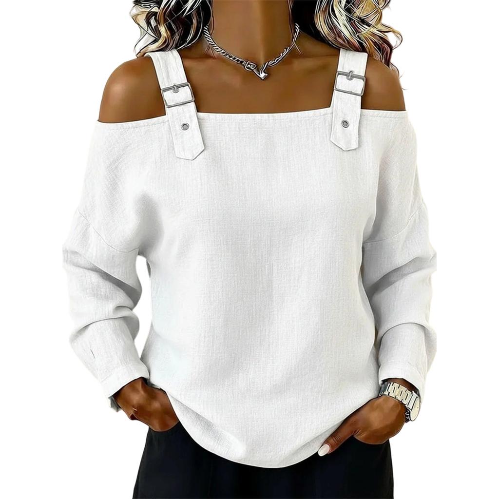 Women’s Off Shoulder Long Sleeve Strap Casual Loose Fit Blouse Top for Daily Wear Work or Travel Outfits