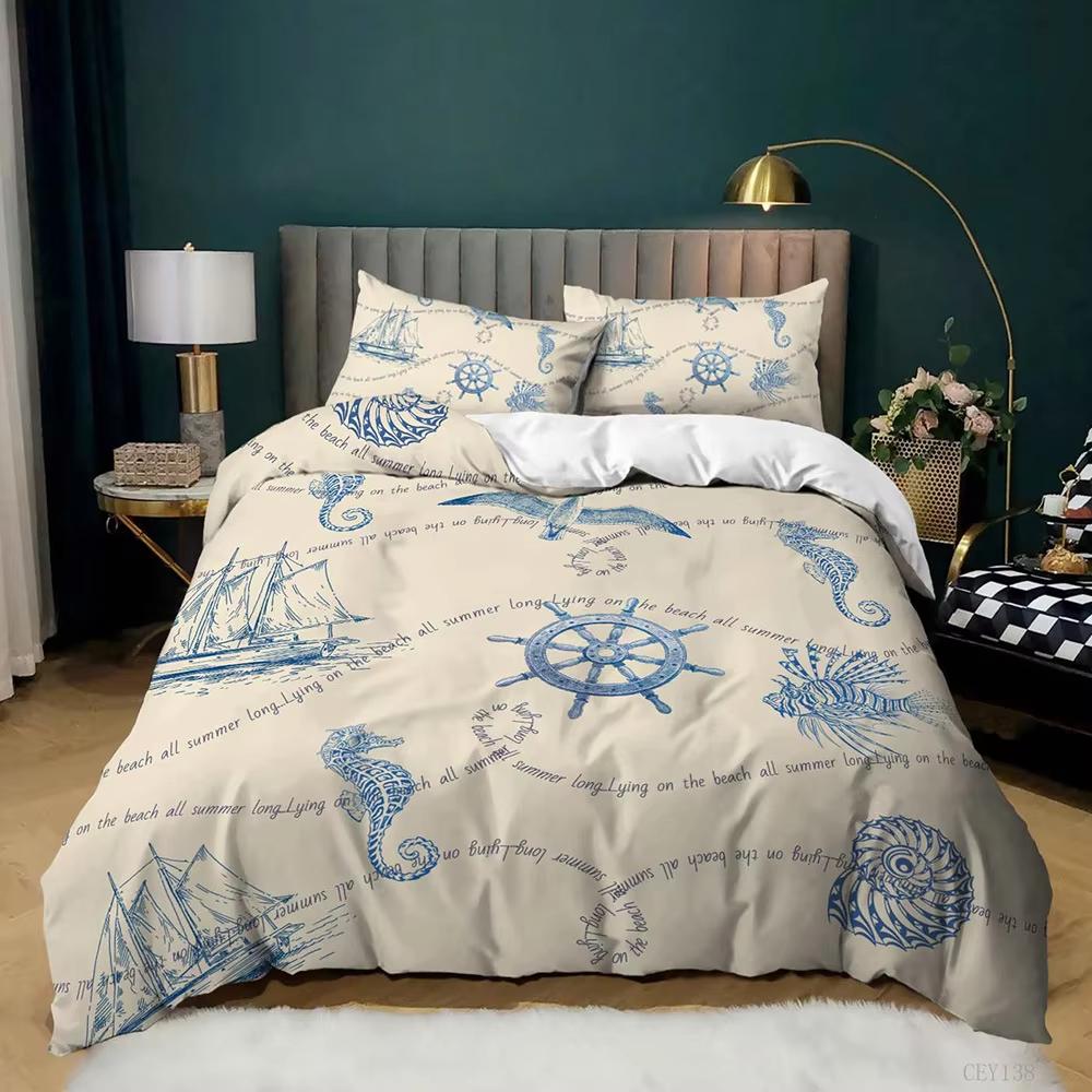 Copripiumino Cartoon Animali Marini King/Queen Set Biancheria da Letto Nautico Costiero Coperta Trapuntata Cavalluccio Marino Set da 3 Pezzi Per Bambini e Bambine