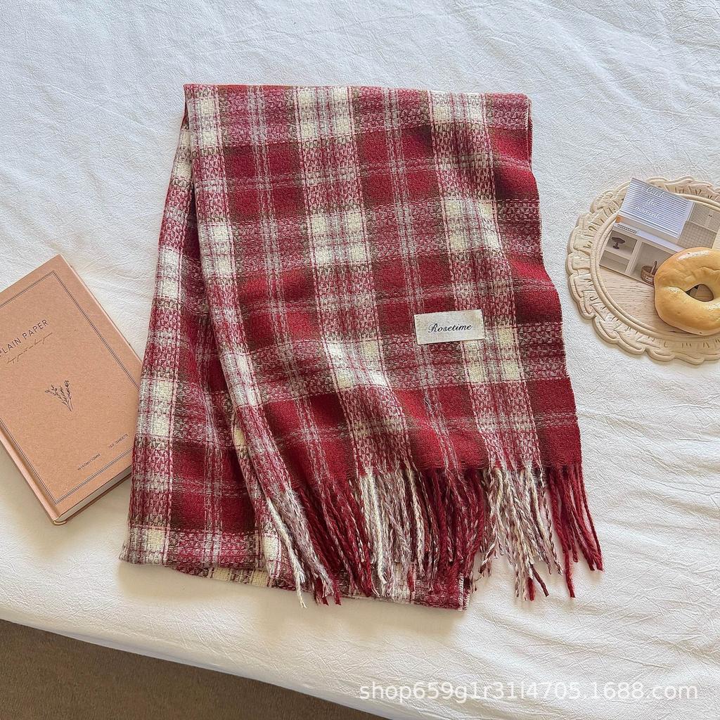 Scarf women's new Korean pink plaid tassel thickened warm college atmosphere shawl scarf