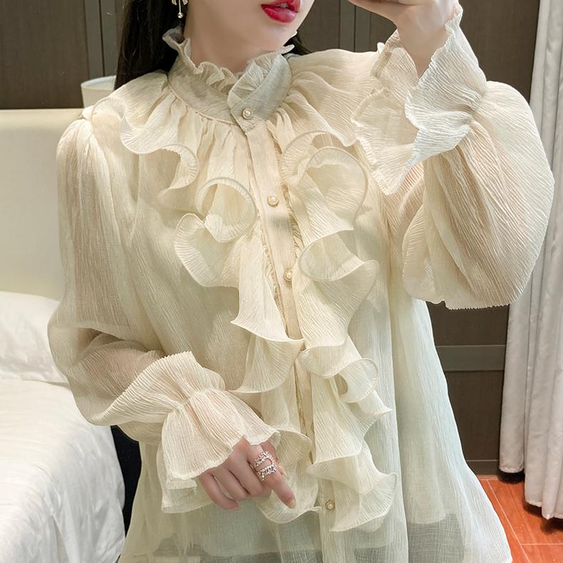 

Элегантная весенняя новая шифоновая рубашка с рюшами и воротником-стойкой, однотонные женские блузки, черные рубашки, кардиган L абрикосовый