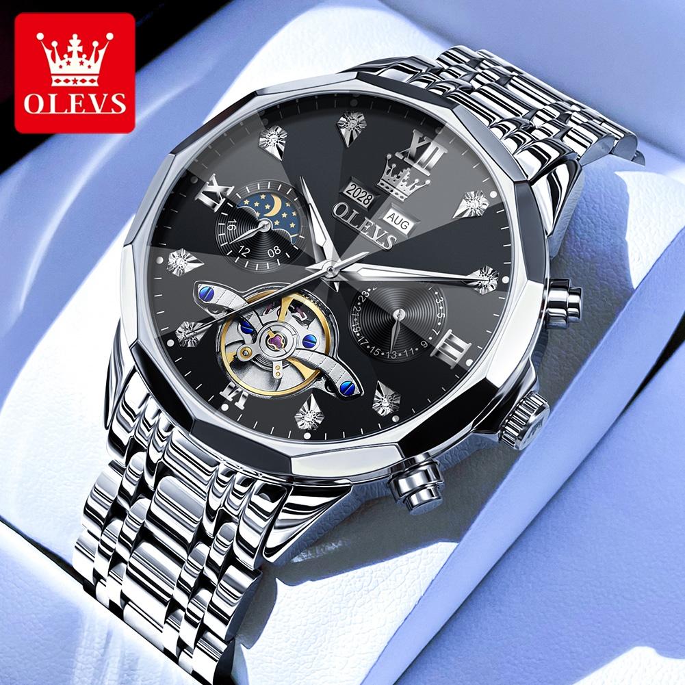 OLEVS 6621 Mens Skeletonized Flywheel Wristwatch Dual Calendar Moon Phase Waterproof Automatic Mechanical Luxury Watch Man