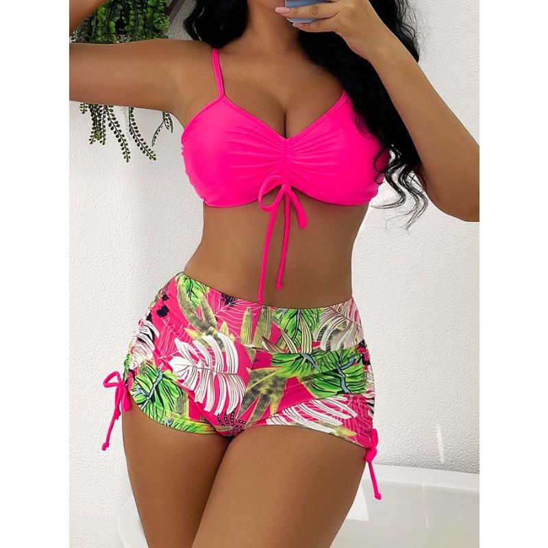 European and American Swimwear Boxers Split Swimsuit Printed Tube Top Sling High Waist Conservative Swimsuit Strap Drawstring