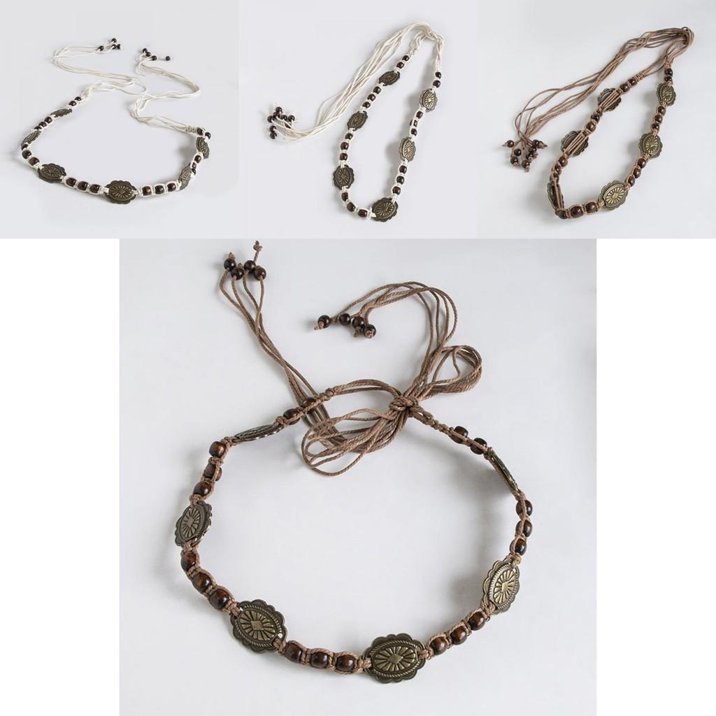 Böhmischer Stil Metall- und Holzperlen-Dekor Damen Webgürtel für lässige Sommerferien