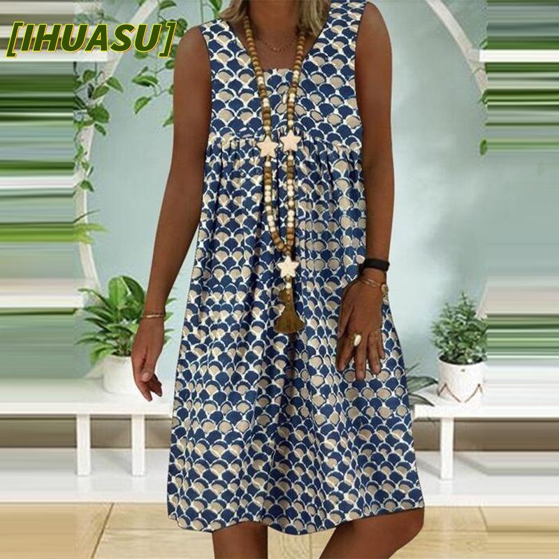 IHUASU Fashion Summer Spring Solid Color Print Sleeveless O-Neck Casual Dresses