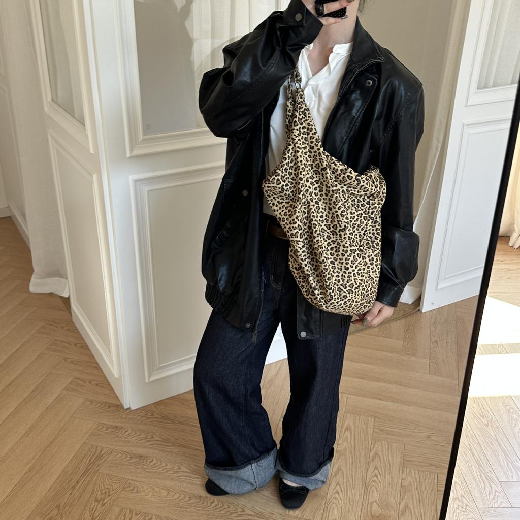 Single Shoulder Leopard Print Large Capacity Backpack Tote Bag Canvas Bag Crossbody Casual Cloth Bag
