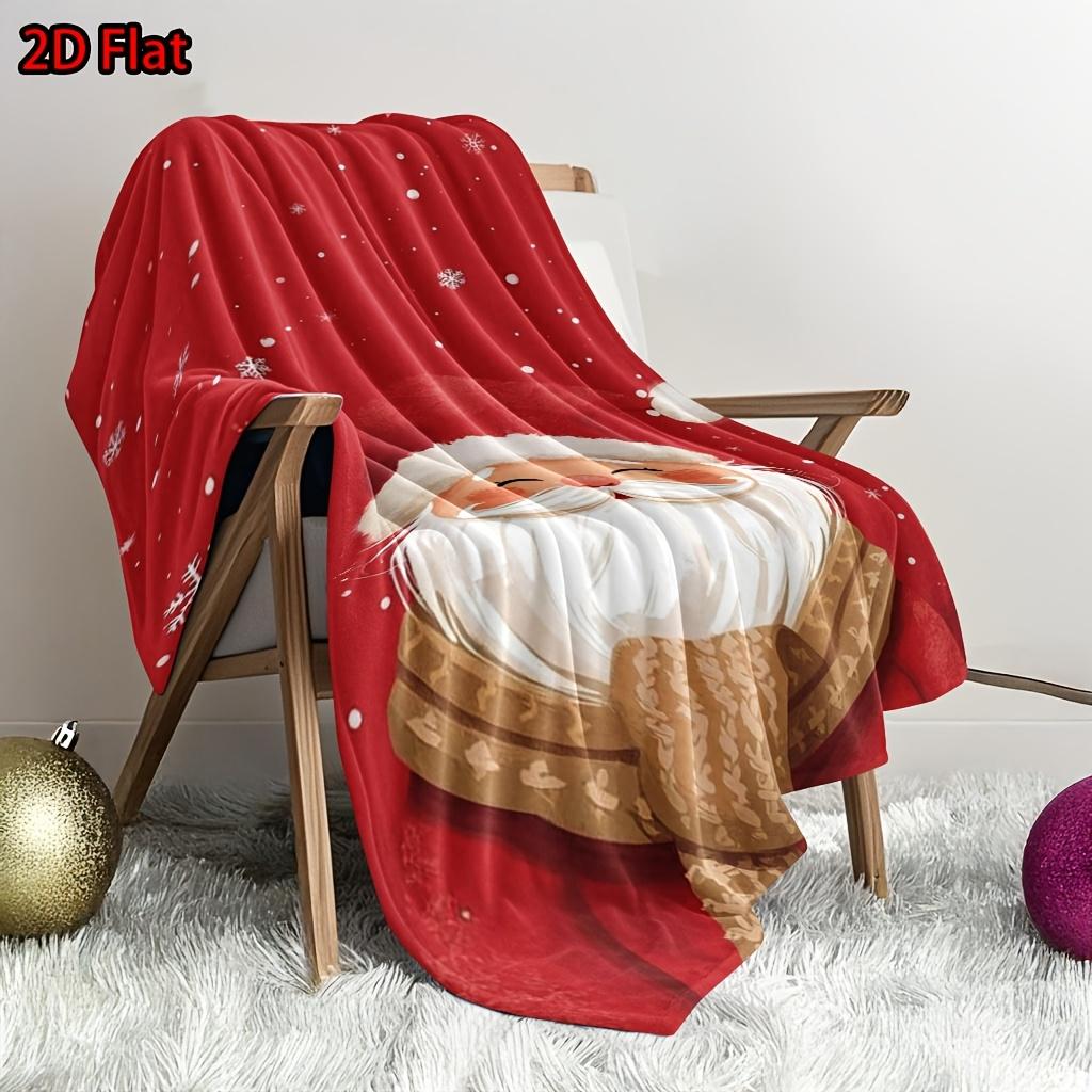 Cute Santa Claus Red Christmas Flannel Throw Blanket, Cartoon Santa Snowflake Print Soft Warm Blanket for Sofa Bedroom Holiday Xmas Gift