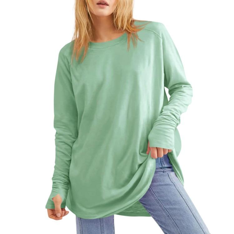 Loose Long Sleeve T Shirt Women Solid Round Neck Medium Top Thumb Hole