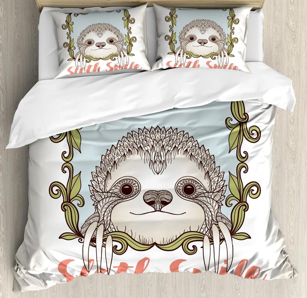 Floral Sloth Cartoon Cute Sloth Duvet Cover Flowers Sloth Animal Cover Kids Boys Girls Gifts Bedding Sets for Bedroom Decortion